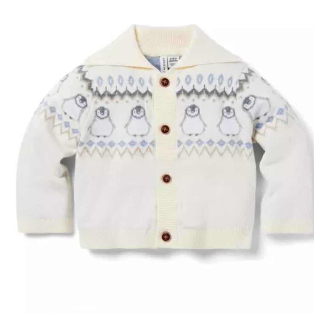 Janie and Jack 100047807 Cream and Gray Baby Fair Isle Penguin Cardigan size 0-3